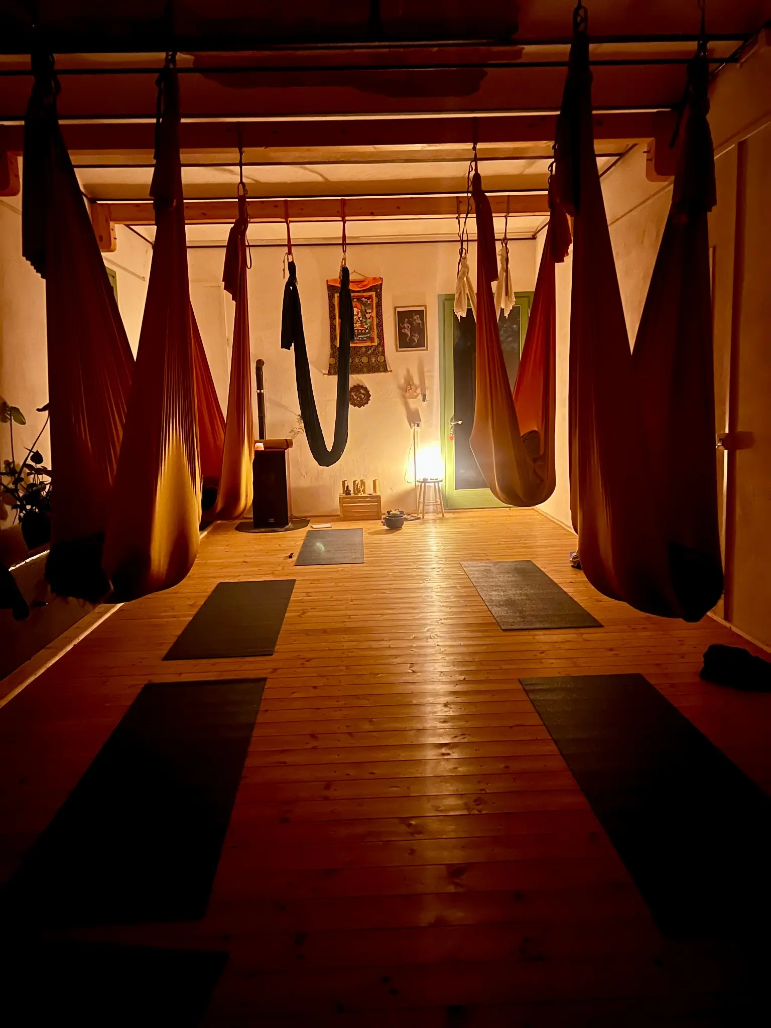 La sala allestita per AerialYoga: le amache sostengono esplorazione, mobilità e rilassamento.